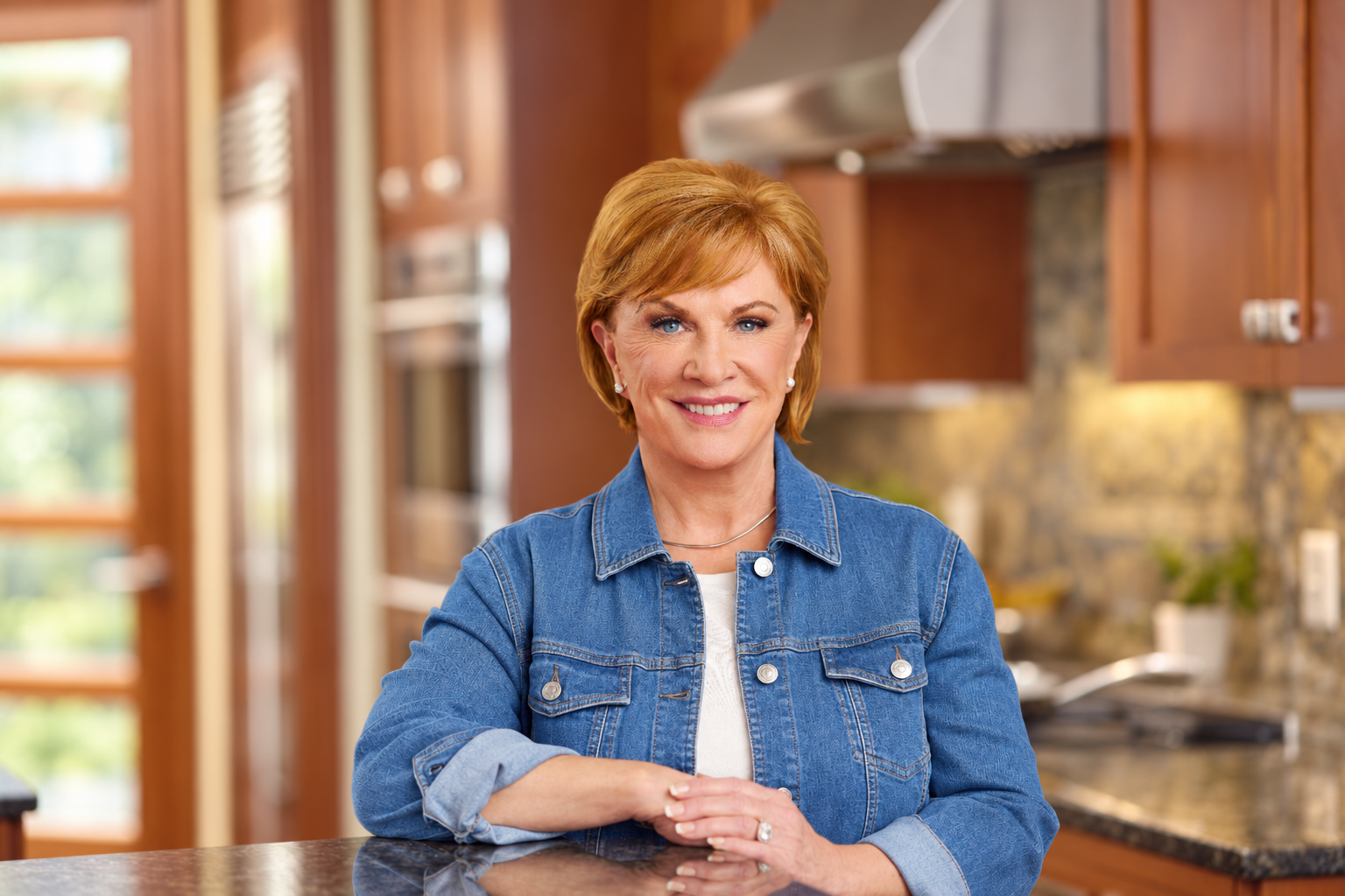 Brenda Watson seated in a blue denim jacket in a bright kitchen