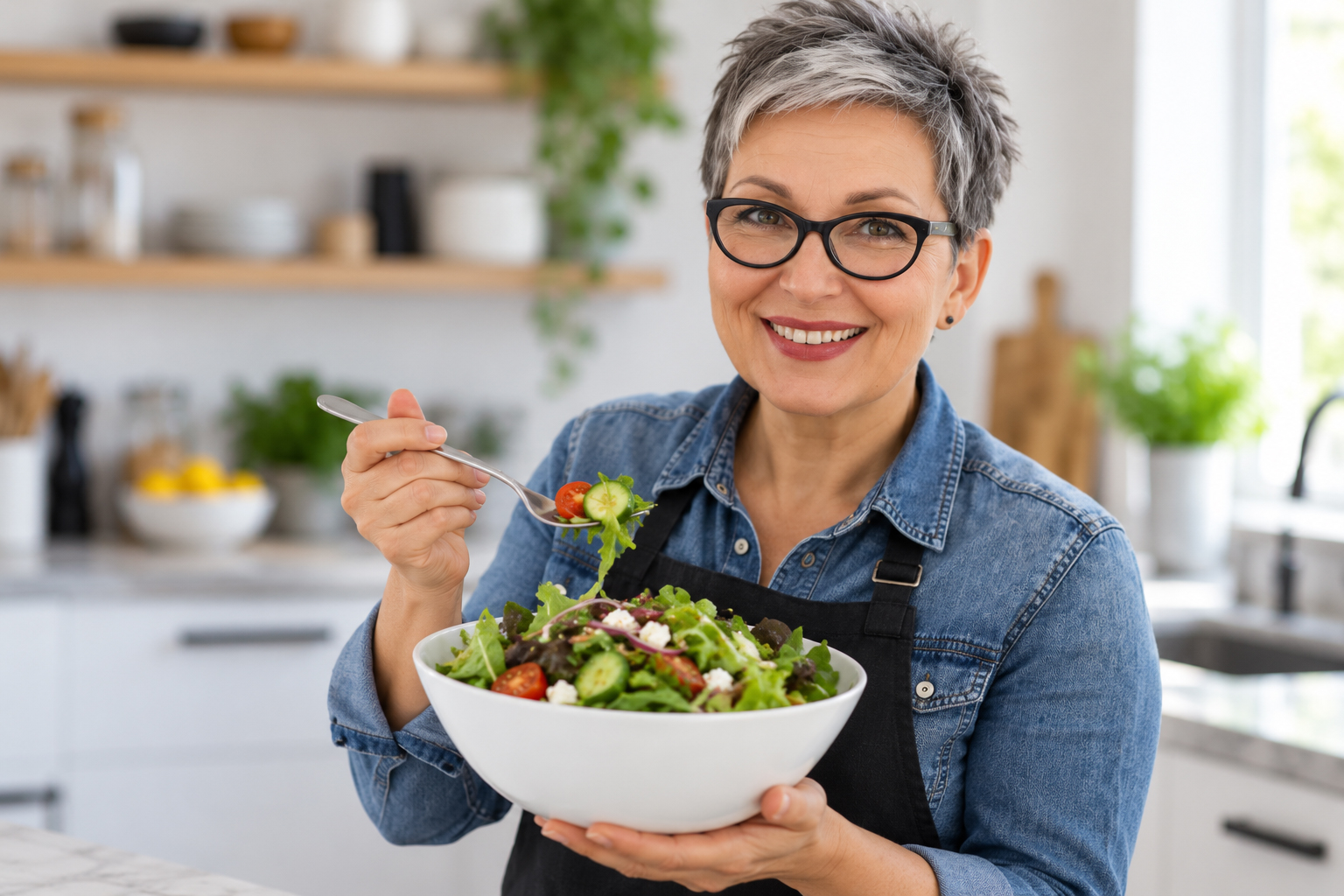 Smiling woman with glasses holding a fresh salad in her kitchen