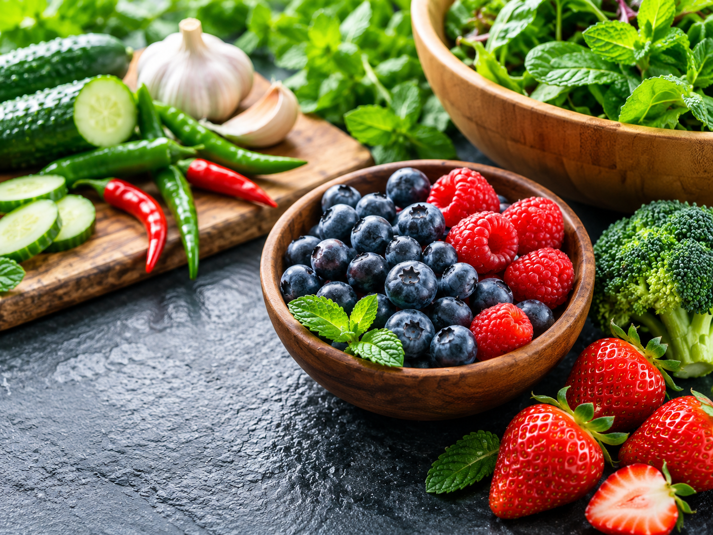 Fresh berries and leafy greens