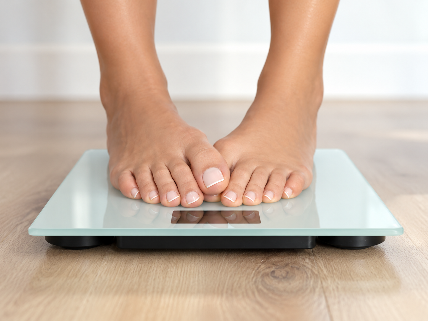 A person standing on a bathroom scale