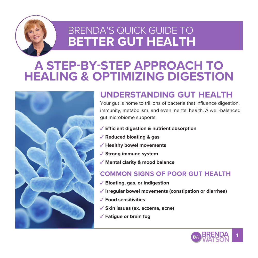 Page one of Brenda’s Quick Gut Health Guide, fanned over three inside pages
