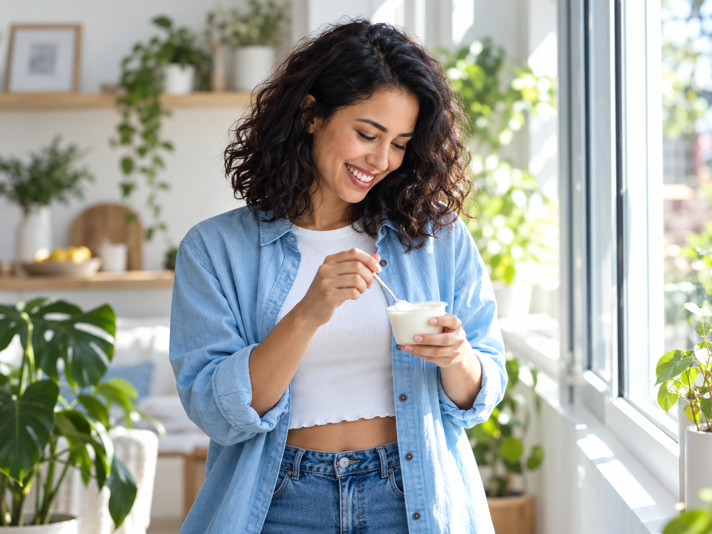 Woman enjoying yogurt at home